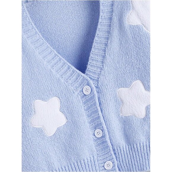 Women's Cartoon Pattern Cardigan Acrylic Long Sleeve V Neck Button Crop Top - Picture 4 of 4